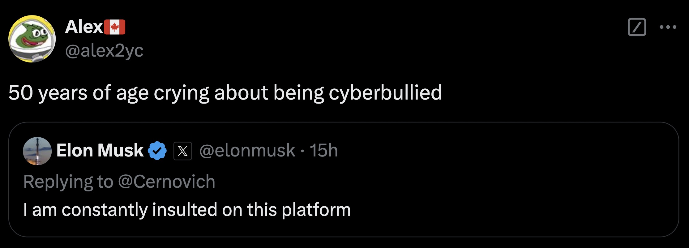 screenshot - Alex 50 years of age crying about being cyberbullied Elon Musk X . 15h I am constantly insulted on this platform .